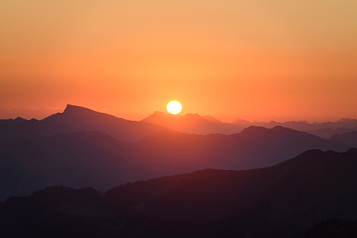 Beautiful view of a sunrise in the Austrian Alps from the mountain Glatthorn in Vorarlberg