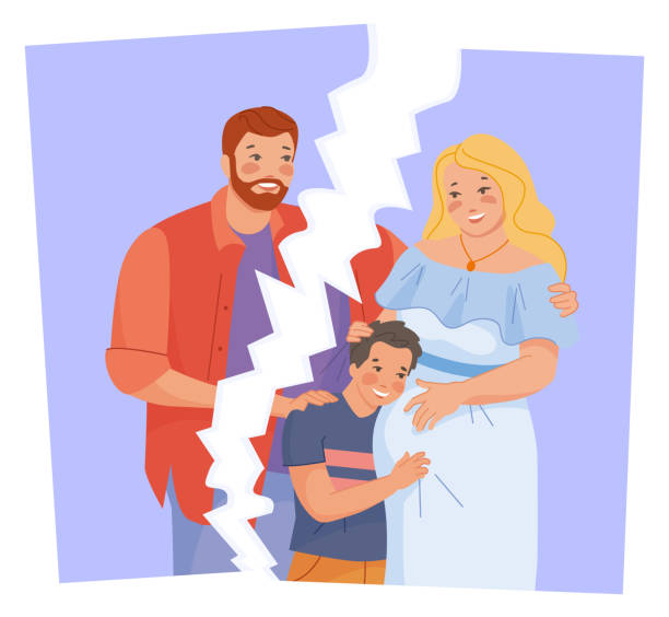 Teared photo with parents and kid. Couple divorce. Broken family Teared photo with parents and kid. Couple divorce. Broken family isolated on white background teared stock illustrations