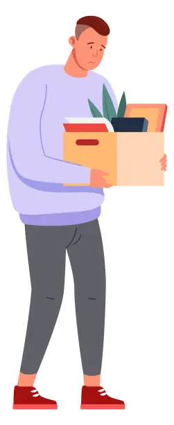 Vector illustration of Fired man hold cardboard box with stuff. Dismissed employee