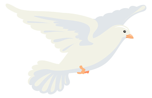 Bird flight icon. White dove in motion. Cartoon pigeon isolated on white background