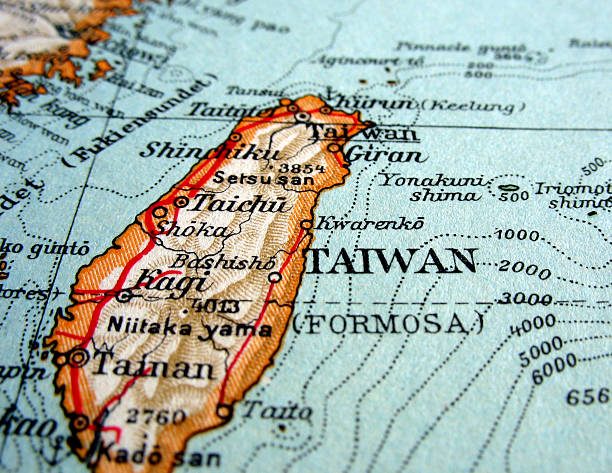 Colored map of Taiwan's geographical location Taiwan, the way we looked at it in 1949. taiwan stock pictures, royalty-free photos & images