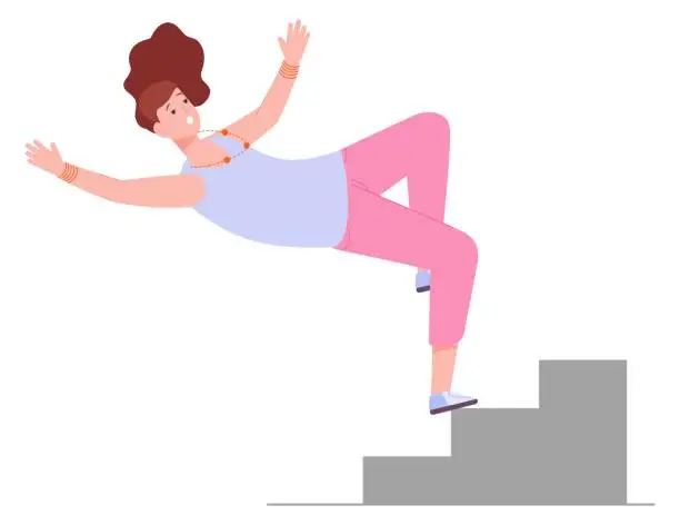 Vector illustration of Woman falling from stairs. Falling down crash