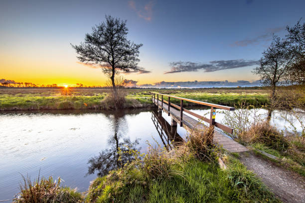 Walking bridge crossing river stock photo