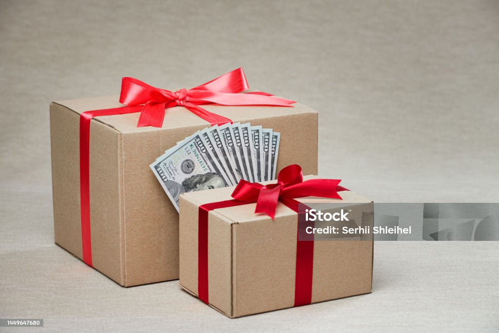 Dollar In Box Gift Boxes And Dollar Bills Close Up With Copy Space Studio Shot Stock ...