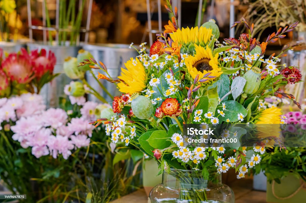 A bouquet of beautiful spring flowers for sale in the florist shop for the holiday. Flower Stock Photo