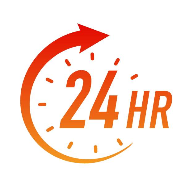 24 hours timer vector symbol color style 24 hours timer vector symbol color style isolated on white background. Clock, stopwatch, cooking time label. 10 eps 24 hrs stock illustrations