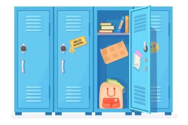 Vector illustration of Open school lockers. Opened door locker inside highschool hallway, student closets for safety storage college contents books backpack, university cabinets neat vector illustration