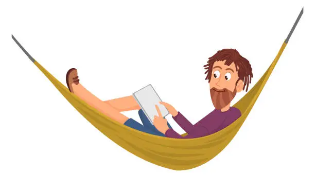 Vector illustration of Man using tablet in hammock. Outdoor leisure time isolated on white