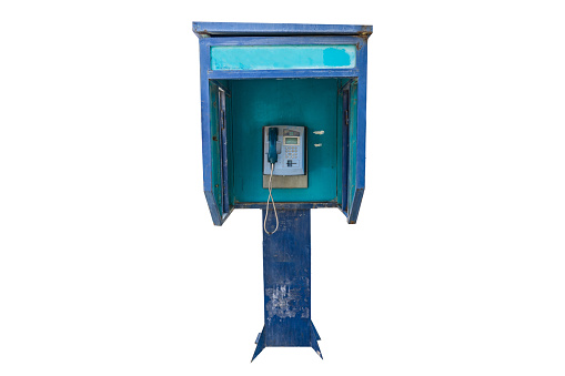 retro blue color telephone booth on isolated white background