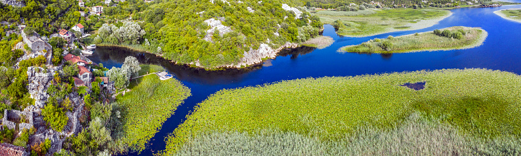 Aerial view of Karuc village on Skadar Lake in Montenegro. Lake Skadar is the largest lake in Southern Europe