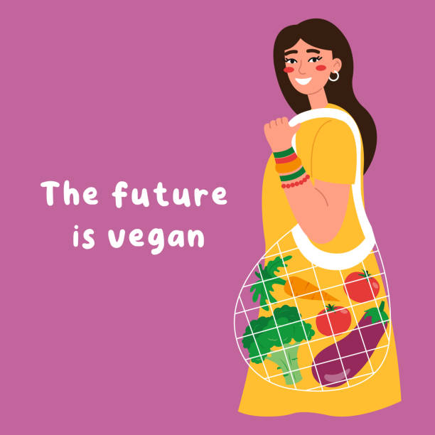 メッセージの近くに廃棄物ゼロのひも袋に野菜を持つ若い女性未来は紫の背景にビーガンです。ビーガニュアリーのコンセプト - eggplant food purple backgrounds点のイラスト素材／クリップアート素材／マンガ素材／アイコン素材