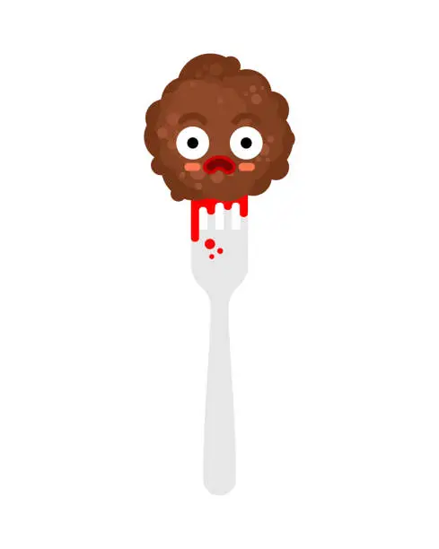 Vector illustration of Meatballs on cartoon food fork. Meatballs of death, sauce like blood