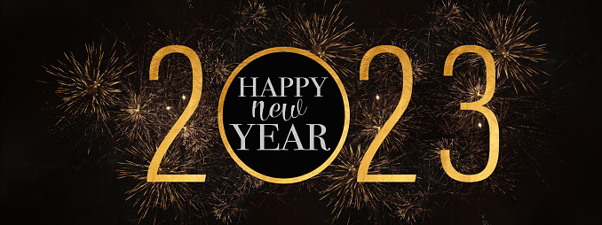 2023 Happy New Year holiday Greeting Card banner - Golden glitter year and circle with text,  firework fireworks pyrotechnics on black night sky texture background