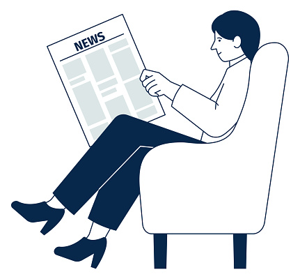 Woman reading news. Person sit on armchair with newspaper isolated on white background