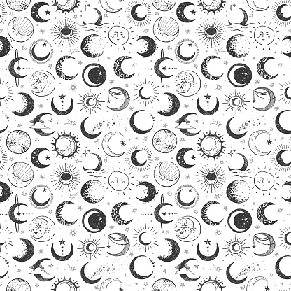 Seamless pattern with the Moon and crescent. Can be used for wallpaper, pattern fills, textile, web page background, surface textures