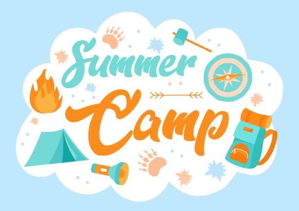 Summer camp concept Summer camp concept. Inventory and camp icon. Tent, backpack and hammer. Active lifestyle and sports. Poster or banner for website, cover. Hiking and camping. Cartoon flat vector illustration summer camp stock illustrations