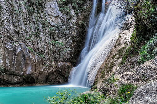The great waterfall of Polylimnio in Messinia, Greece