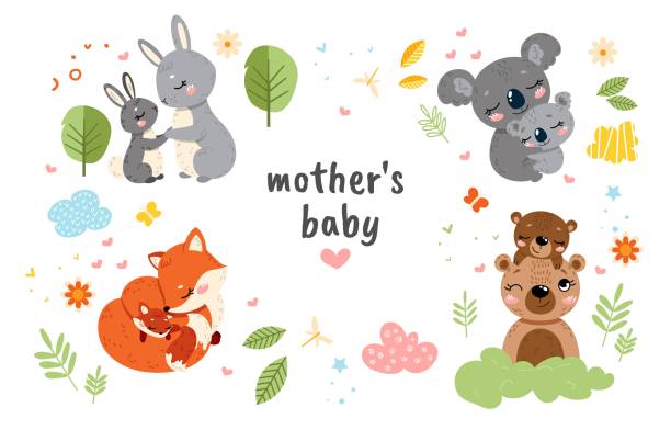 mutter mit babys süß - jungtier stock-grafiken, -clipart, -cartoons und -symbole