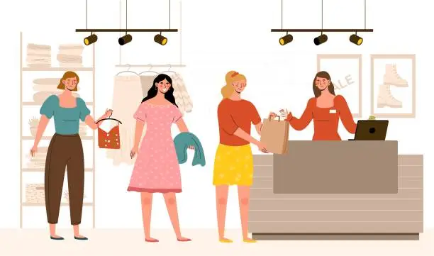 Vector illustration of Shopping in clothing store
