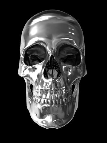 hires computer generated image of human skull with chrome metallic texture