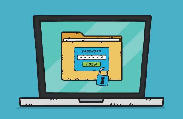 Vector illustration of Graphic of a laptop on the screen of which displays a folder with files protected by a padlock and a login. To log in you need to enter a password. Hand drawn vector illustration.