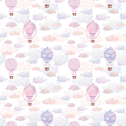 Watercolor seamless pattern. Hand painted illustration of hot air balloons in purple, blue, pink colors with basket, ropes, bag, flag. Sky with clouds. Print on white background for textile, packaging