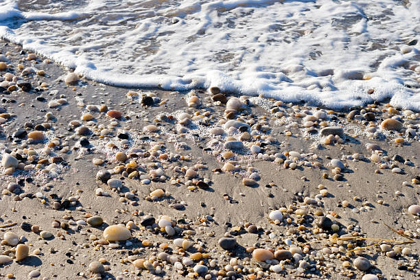 Sea foam, Sand, and Pebbles stock photo