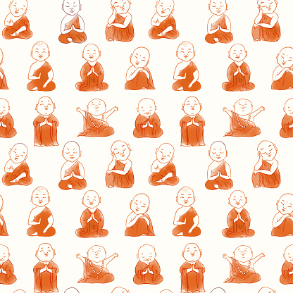 Seamless pattern with cute cartoon buddhist monks. Can be used for wallpaper, pattern fills, textile, web page background, surface textures