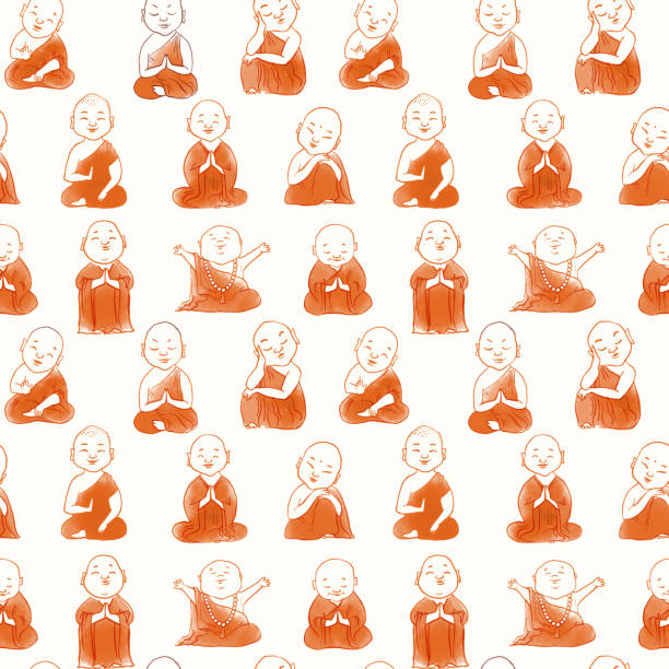 Seamless pattern with cute cartoon buddhist monks. Can be used for wallpaper, pattern fills, textile, web page background, surface textures. Seamless pattern with cute cartoon buddhist monks. Can be used for wallpaper, pattern fills, textile, web page background, surface textures buddha face stock illustrations