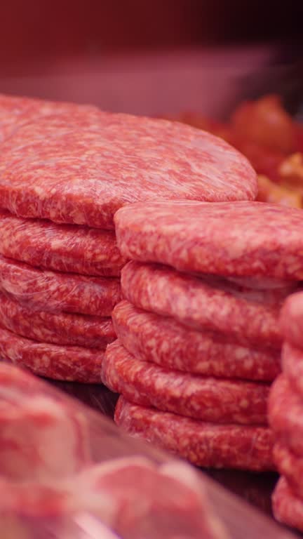 Vertical Screen Beef burgers and other meat preps ready to be sold.