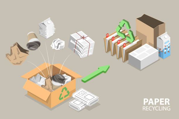 isometrischer 3d-flachvektor konzeptionelle darstellung des papierrecyclingprozesses - recycling paper garbage newspaper stock-grafiken, -clipart, -cartoons und -symbole