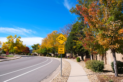 Yellow diamond warning road sign with bicycle symbol and 'Share the road' text along empty curved road inside residential city area with bright blue sky,yellow trees street view autumn landscape photo