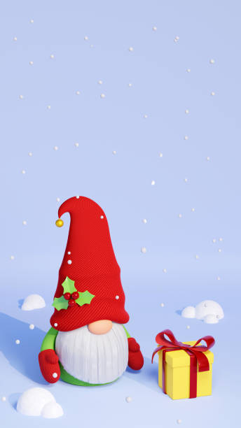 istock Christmas Scandinavian gnome with gift box and snow 3D render illustration. 1449674825