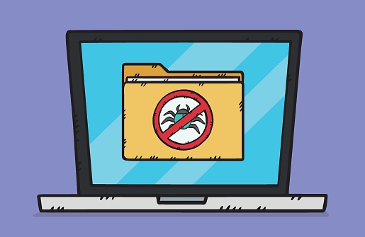 A sign forbidding computer worms and viruses located on a laptop screen. This sign indicates that the antivirus is running. Vector hand drawn illustration.