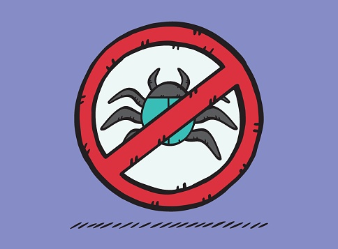 A hand-drawn graphic of a ban sign for computer worms and viruses located on a laptop screen. This sign indicates that the antivirus is running.