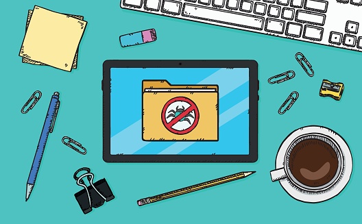 A sign forbidding computer worms and viruses located on a tablet screen. This sign indicates that the antivirus is running. Vector hand drawn illustration.