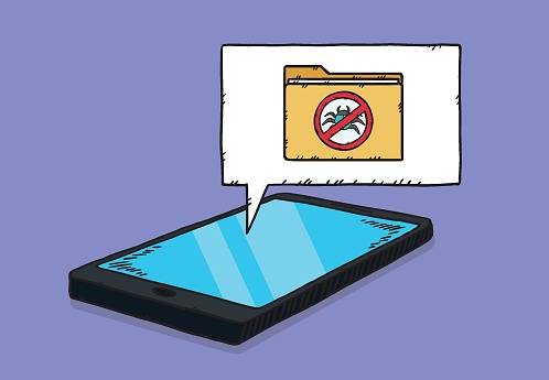 A sign forbidding computer worms and viruses located on cloude from phone screen. This sign indicates that the antivirus is running. Vector hand drawn illustration.
