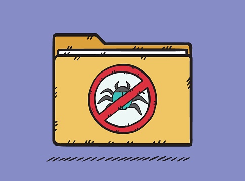 A hand-drawn illustration of a folder along with a ban sign for computer worms and viruses located on the laptop screen. This sign indicates that the antivirus is running.