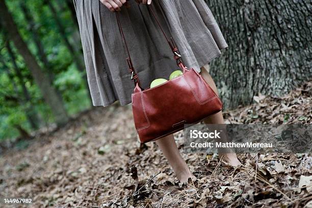 Menina Com Bolsa Vermelha Na Floresta - Fotografias de stock e mais imagens de Couro - Couro, Floresta, Adulto