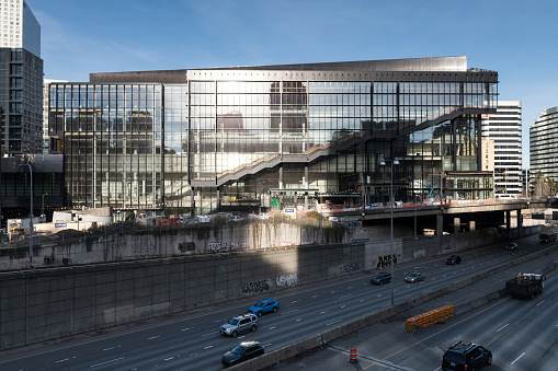 Seattle, USA - Dec 16, 2022: Construction on the new Seattle Convention Center Summit late in the day.