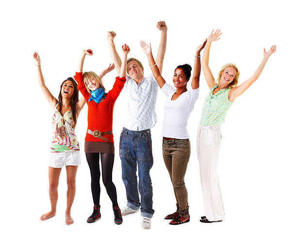 istock Group of people standing together with their arms raised 144968747