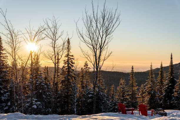 Back yard by mountain range and forest in Quebec during a cold sunrise of winter.