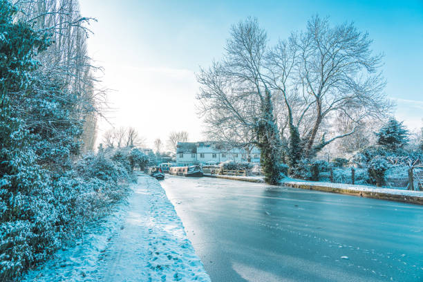 Canal captured during snowfall in winter