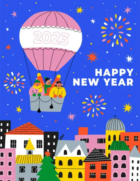 Vector illustration of Happy new year 2023. Cityscape with colorful fireworks festival. City celebration. Carnival with air balloon. Banner, poster, flyer, greeting card. hand drawn style. Trendy Flat vector illustration.