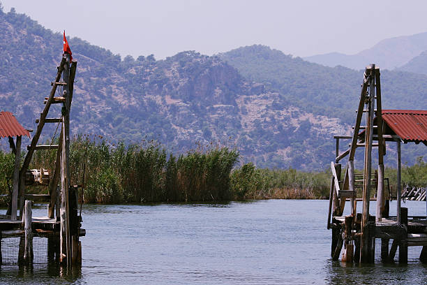 Gate for boats on Dalian River stock photo