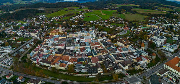 Aerial wide view around the city Freistadt in Austria on a very late afternoon in autumn.