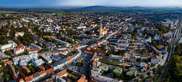 Aerial wide view around the city Stockerau in Austria on a sunny autumn day