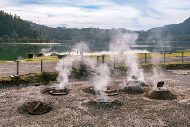 parujące używane do gotowania żywności w pobliżu brzegu jeziora furnas na wyspie sao miguel. archipelag azorów, portugalia. - fumarole zdjęcia i obrazy z banku zdjęć