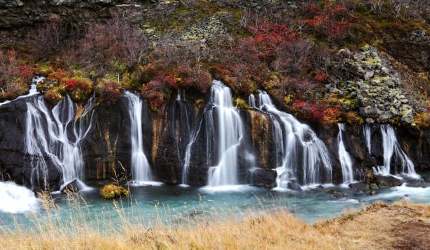 istock Beautiful waterfall dropping from a mountain with fall foliage in Iceland 1449730312