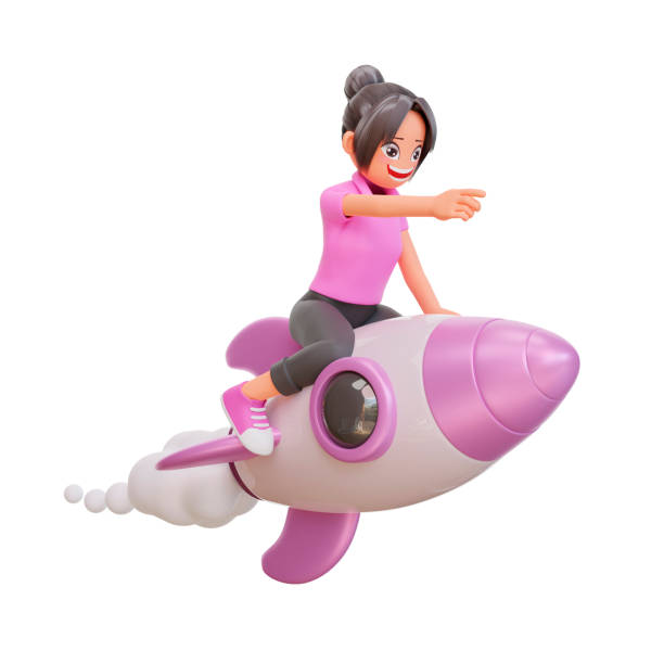 istock 3d illustration cute girls is flying on a rocket 1449737482